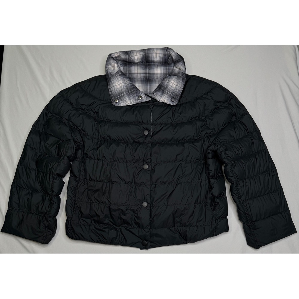 Pendleton Women's L Reversible Quilted Down Puffer Jacket Black Plaid Front Snap